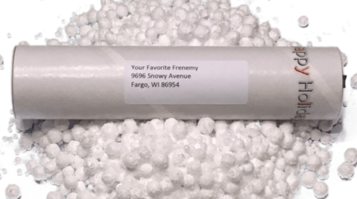 Spring-loaded snow glitter bomb ready to be mailed by Best Pranks By Mail.