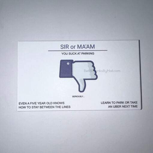 The front of our bad parking business cards.