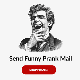 Vintage illustration of a laughing man promoting Best Pranks By Mail prank store with “Send Funny Prank Mail”