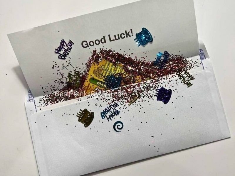 Funny fake lottery ticket prank letter with glitter and confetti.