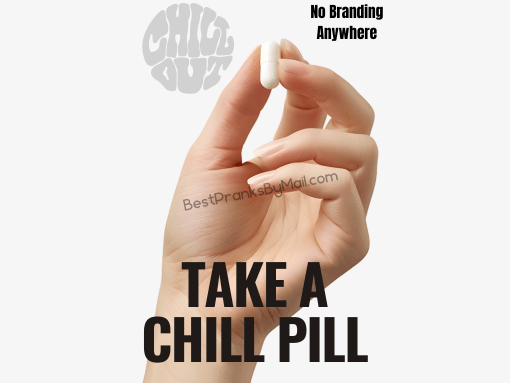 Hand holding a white pill with bold text “Take a Chill Pill” — anonymous prank letter by mail.